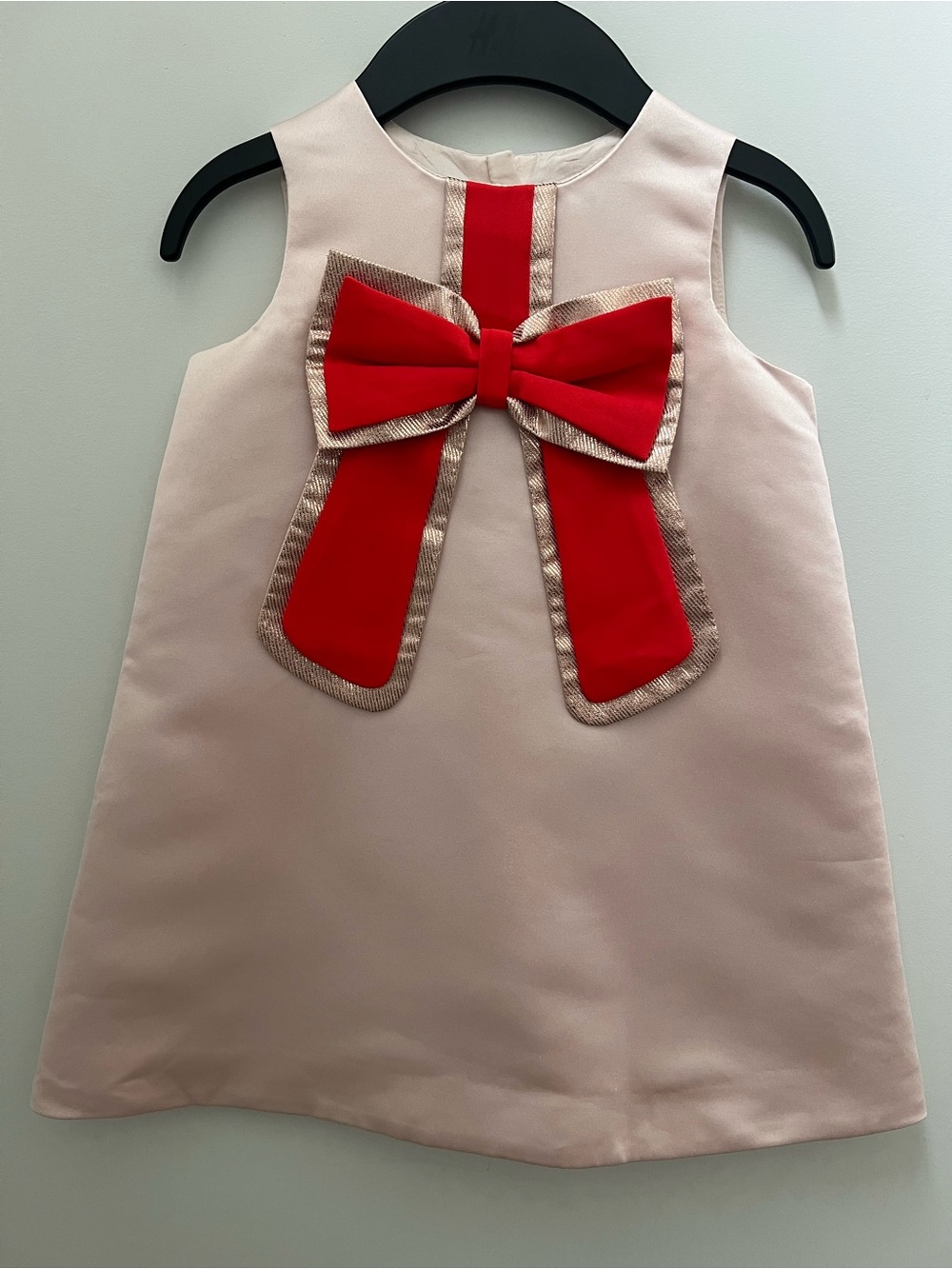 Girls' Pink Satin Dress with Red Bow Accent